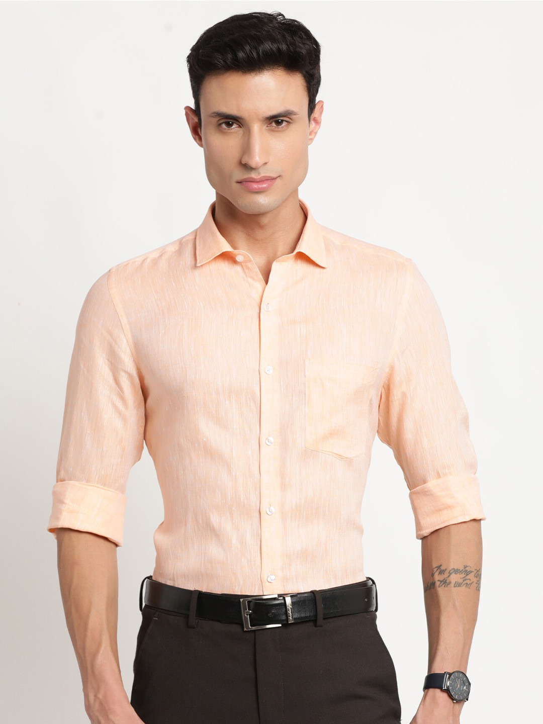 

Turtle Spread Collar Standard Slim Fit Linen Opaque Formal Shirt, Peach