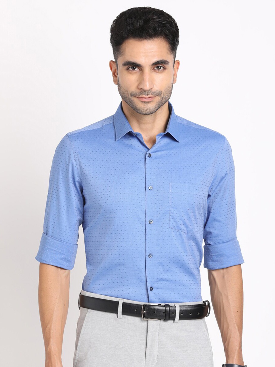 

Turtle Standard Slim Fit Micro Ditsy Printed Pure Cotton Formal Shirt, Blue
