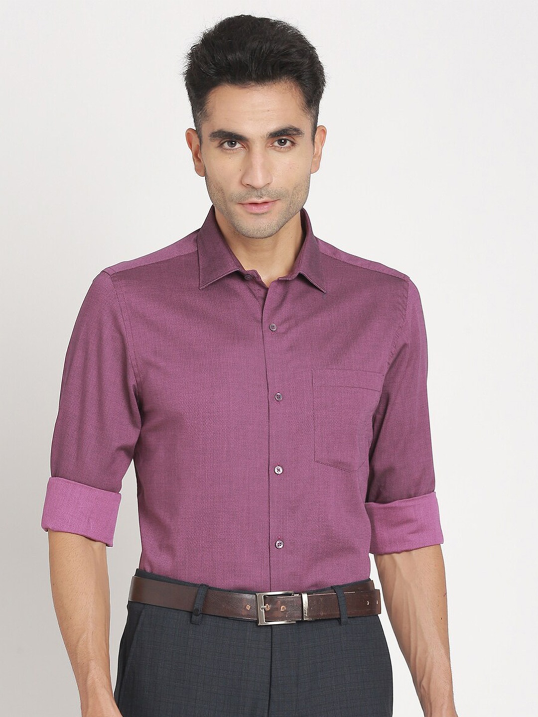 

Turtle Standard Slim Fit Spread Collar Pure Cotton Formal Shirt, Purple