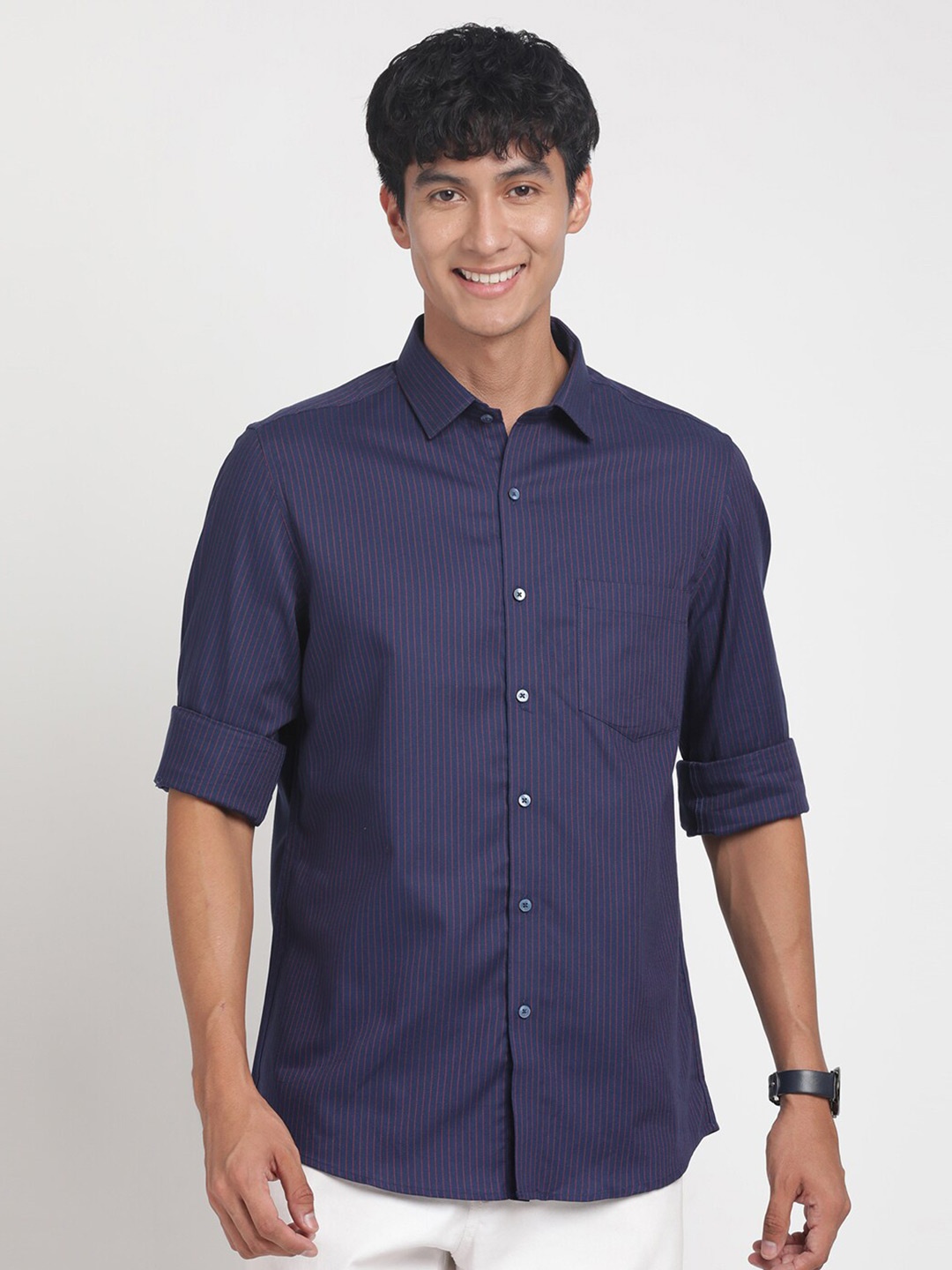 

Turtle Vertical Striped Standard Slim Fit Cotton Casual Shirt, Navy blue