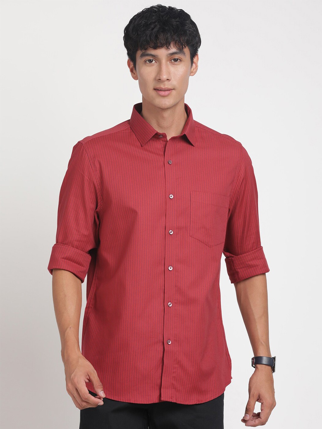 

Turtle Standard Slim Fit Vertical Striped Pure Cotton Formal Shirt, Red