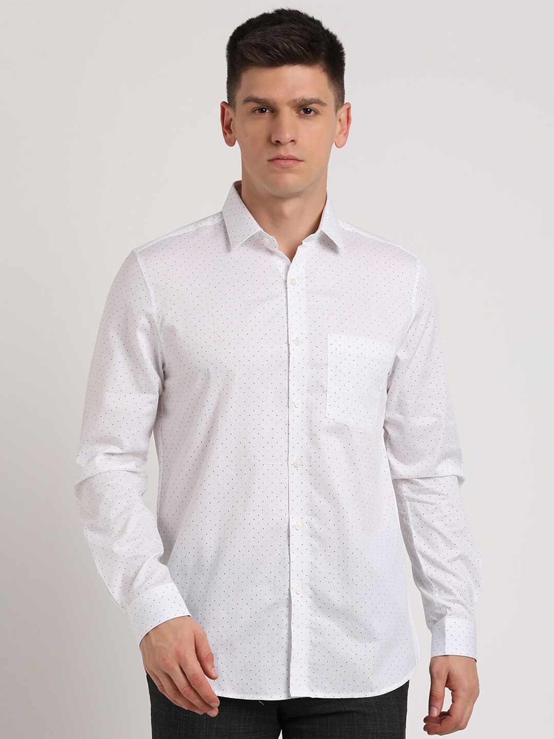 

Turtle Standard Slim Fit Micro Ditsy Printed Pure Cotton Formal Shirt, White