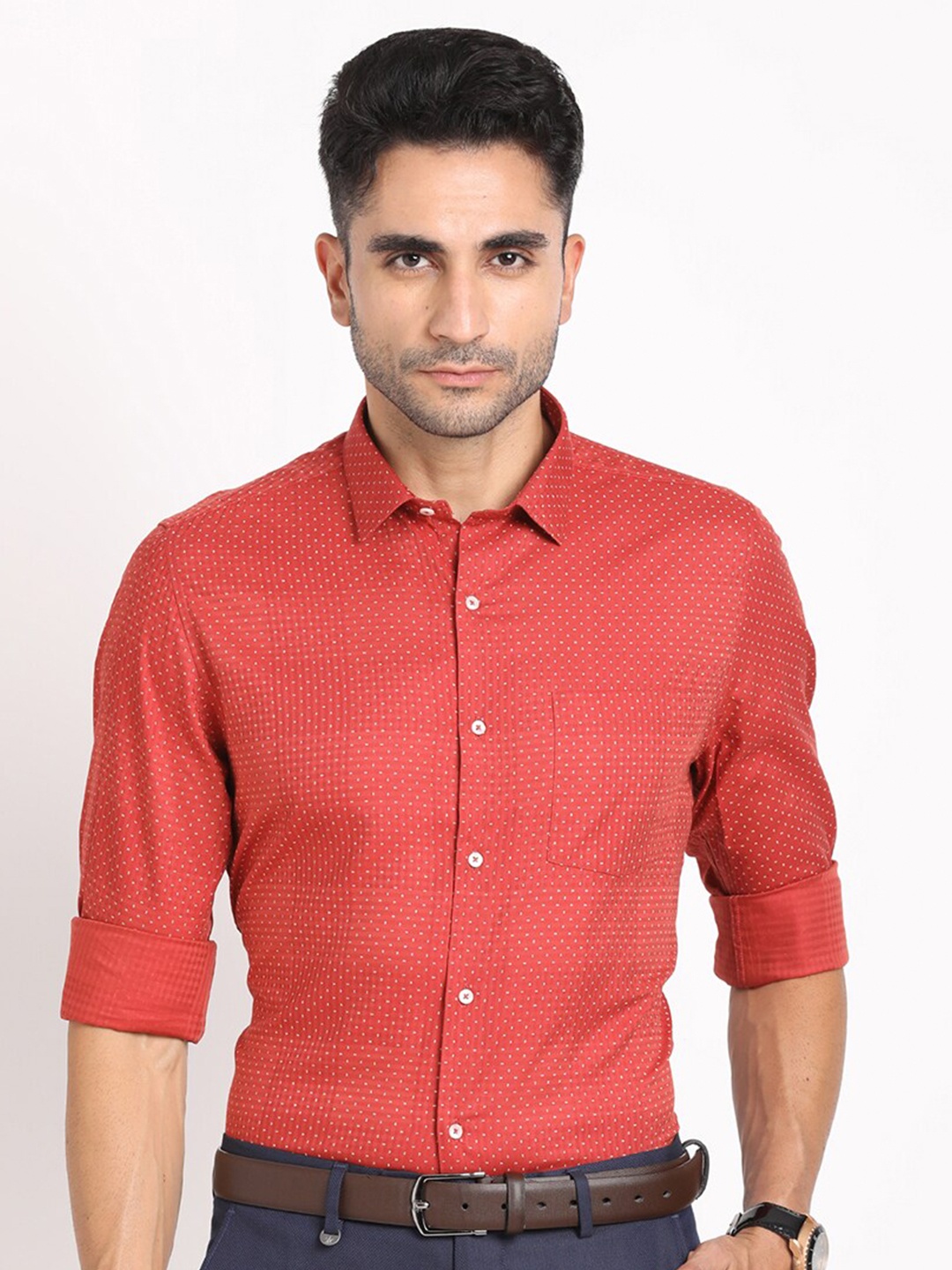 

Turtle Standard Slim Fit Micro Ditsy Printed Formal Shirt, Red