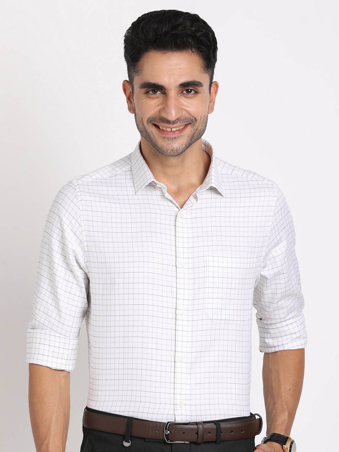 

Turtle Standard Slim Fit Grid Tattersall Checked Pure Cotton Formal Shirt, Off white