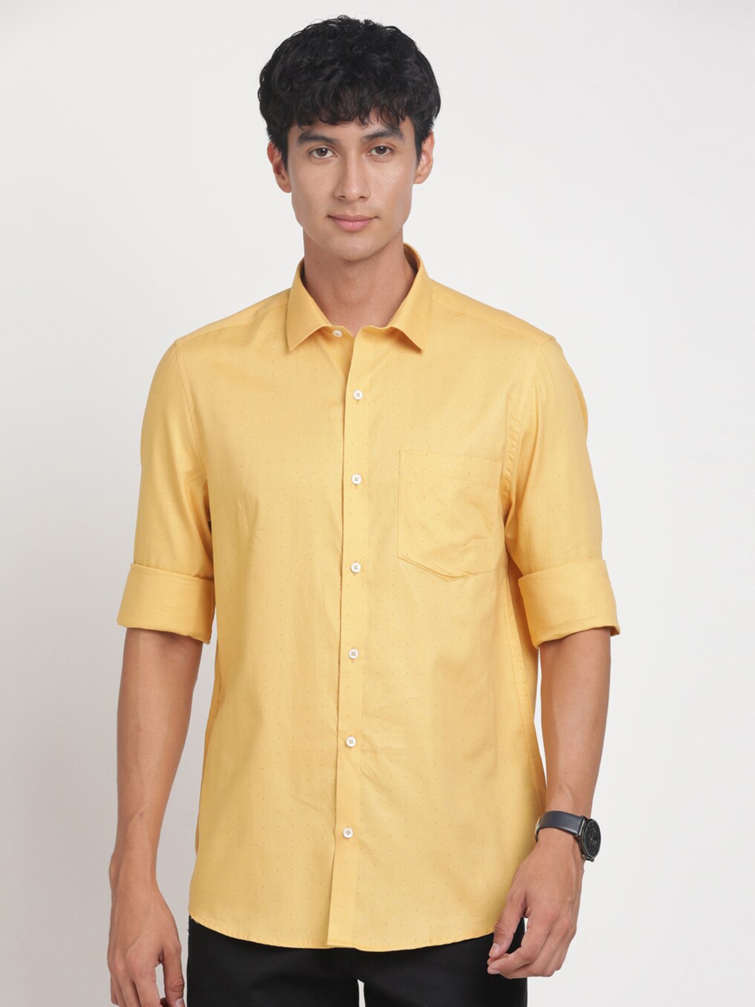 

Turtle Standard Slim Fit Micro Ditsy Printed Spread Collar Cotton Formal Shirt, Yellow