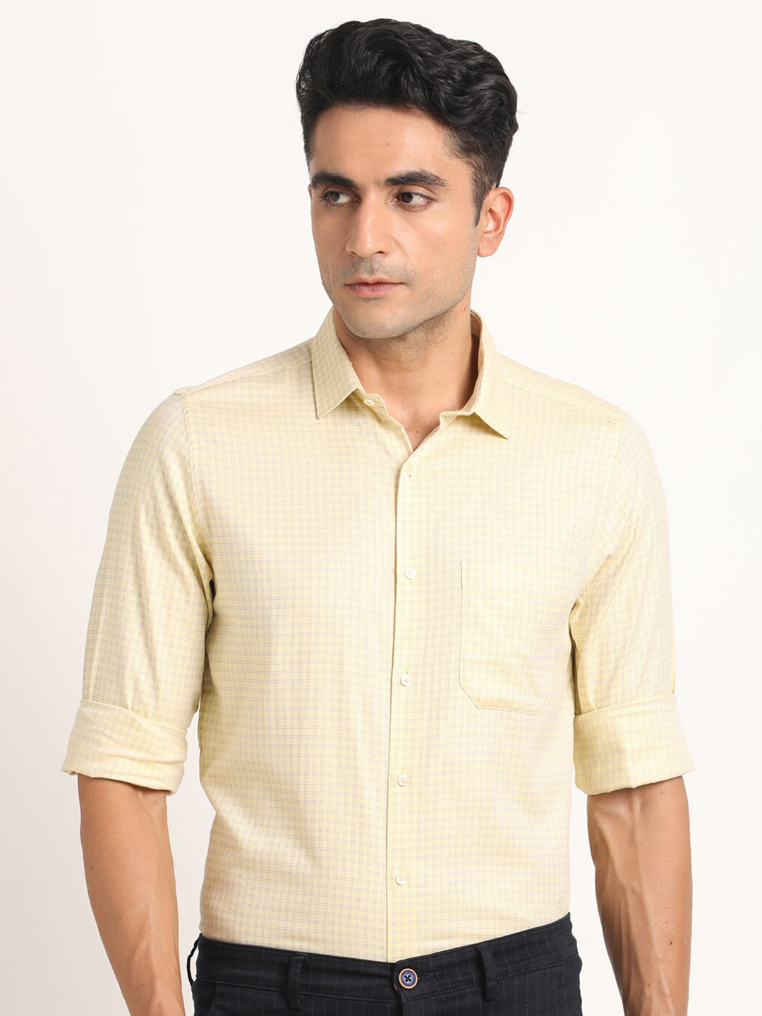 

Turtle Standard Slim Fit Checked Pure Cotton Formal Shirt, Yellow