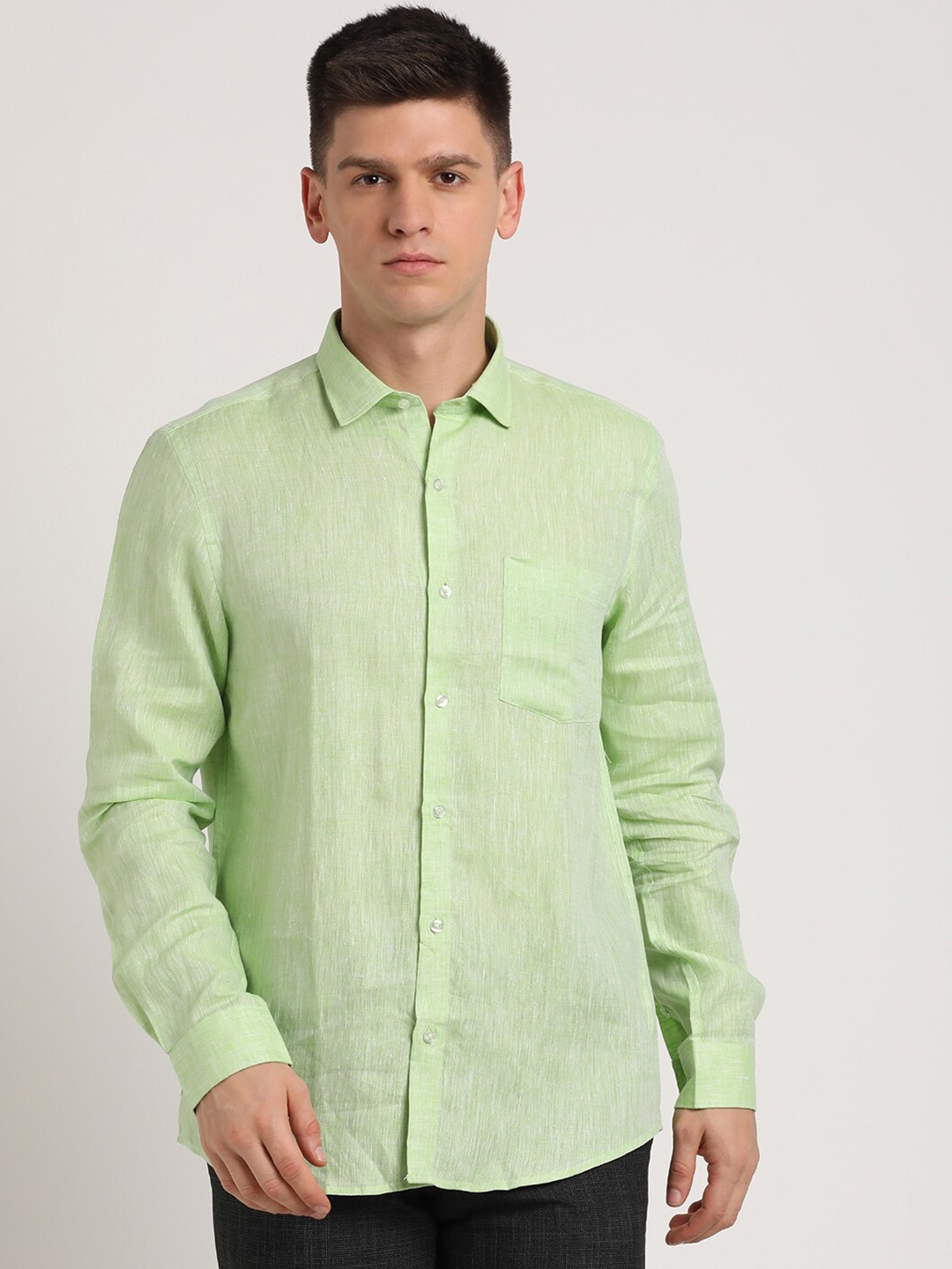 

Turtle Standard Slim Fit Linen Formal Shirt, Green