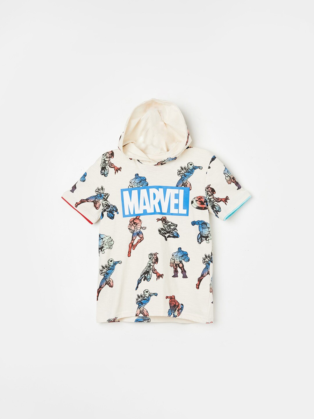 

Fame Forever by Lifestyle Boys Marvel Printed Hooded Pure Cotton T-shirt, Off white