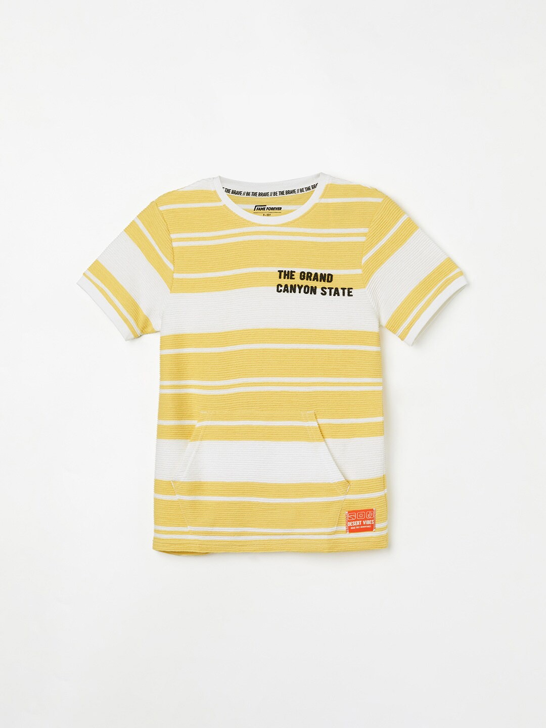 

Fame Forever by Lifestyle Boys Striped Round Neck Pure Cotton T-shirt, Yellow
