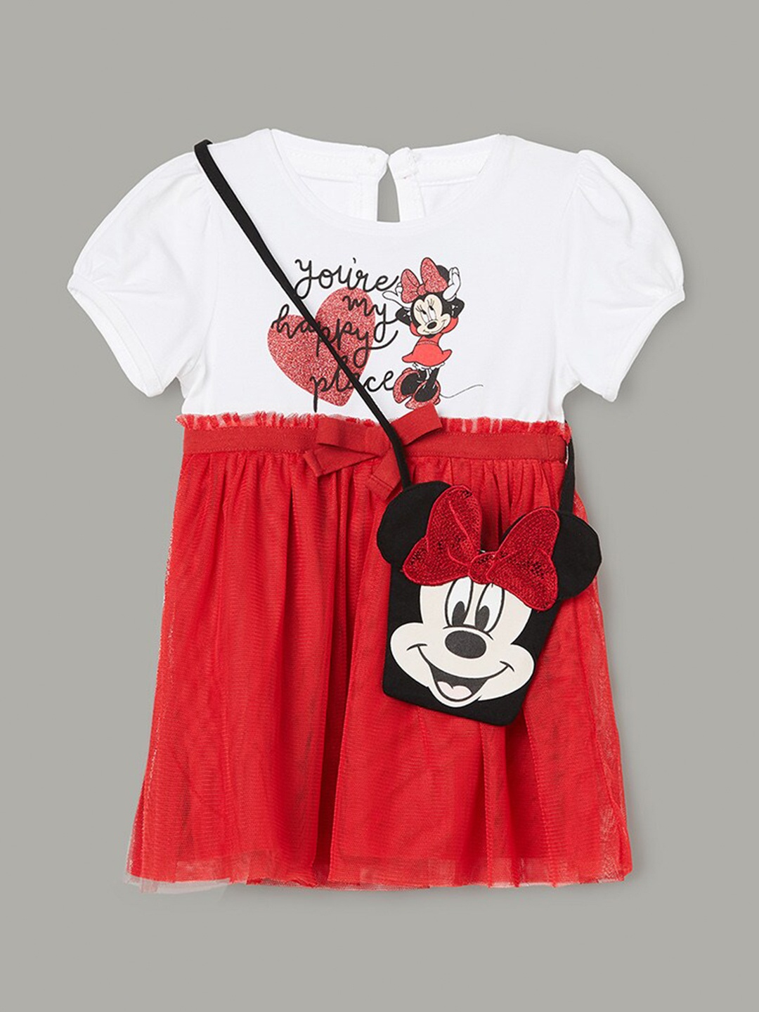 

Juniors by Lifestyle Girls Red Mickey Mouse Printed Puff Sleeves A-Line Dress