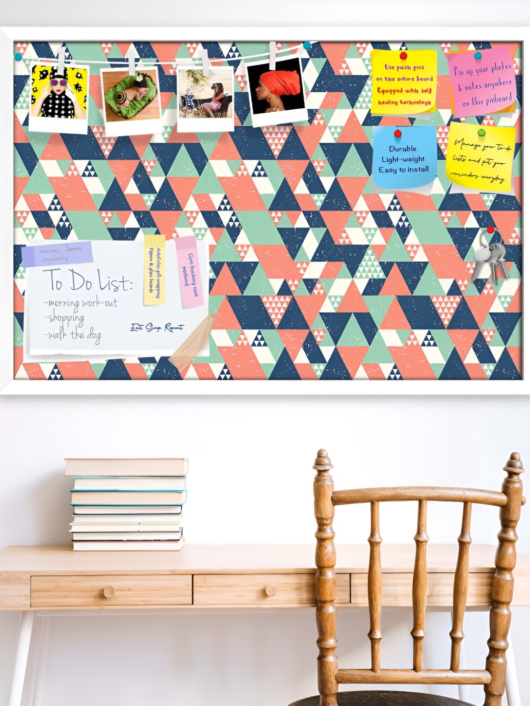 

ArtzFolio White Colorful Triangles D1 Printed Wooden Bulletin Board With Sticky Notes