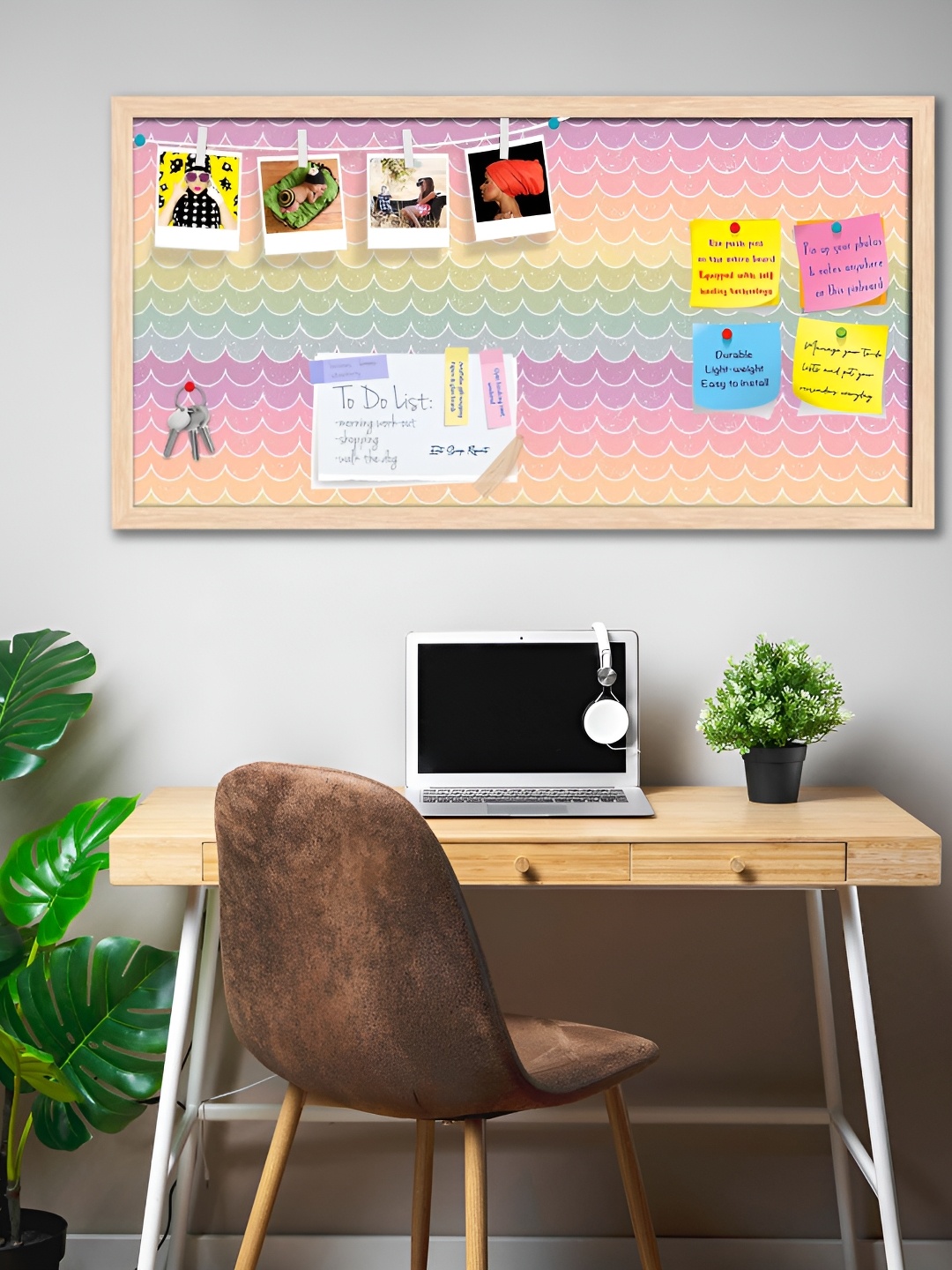 

ArtzFolio Beige & Purple Wavy Printed Wooden Bulletin Board With Sticky Notes