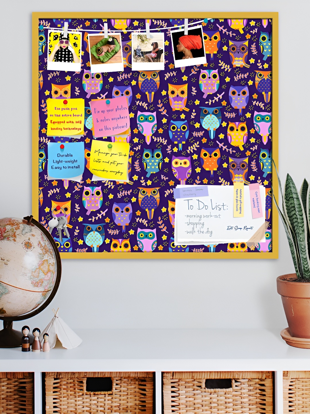 ArtzFolio Yellow & Purple Owls Printed Wooden Bulletin Board With Sticky Notes, Gold