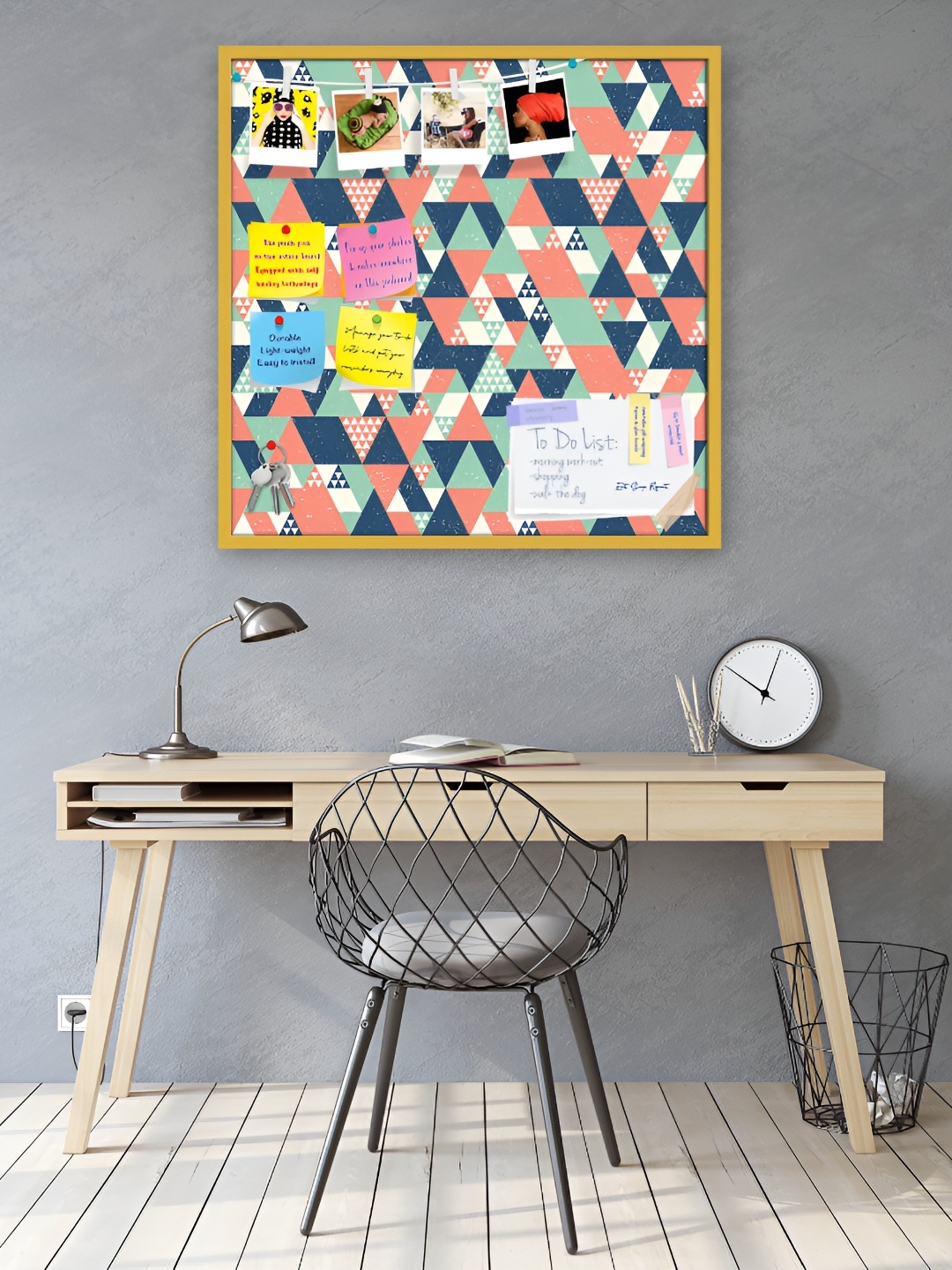 ArtzFolio Green & Blue Triangle Printed Wooden Bulletin Board With Sticky Notes