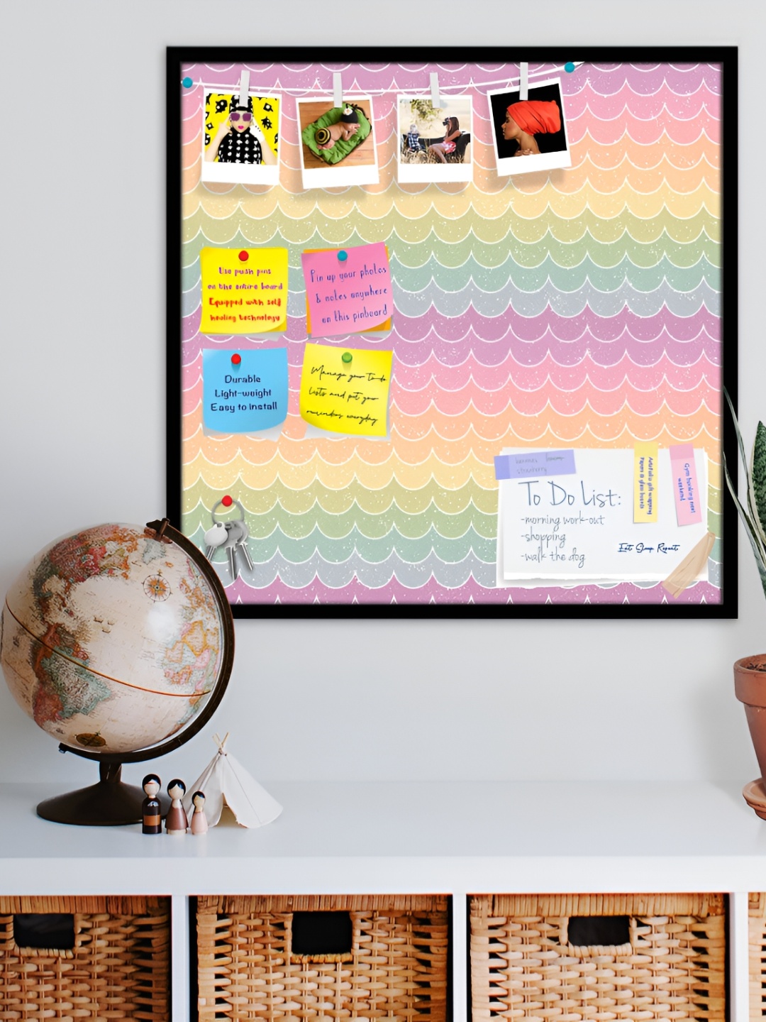 

ArtzFolio Pink & Green Wavey Printed Wooden Bulletin Board With Sticky Notes