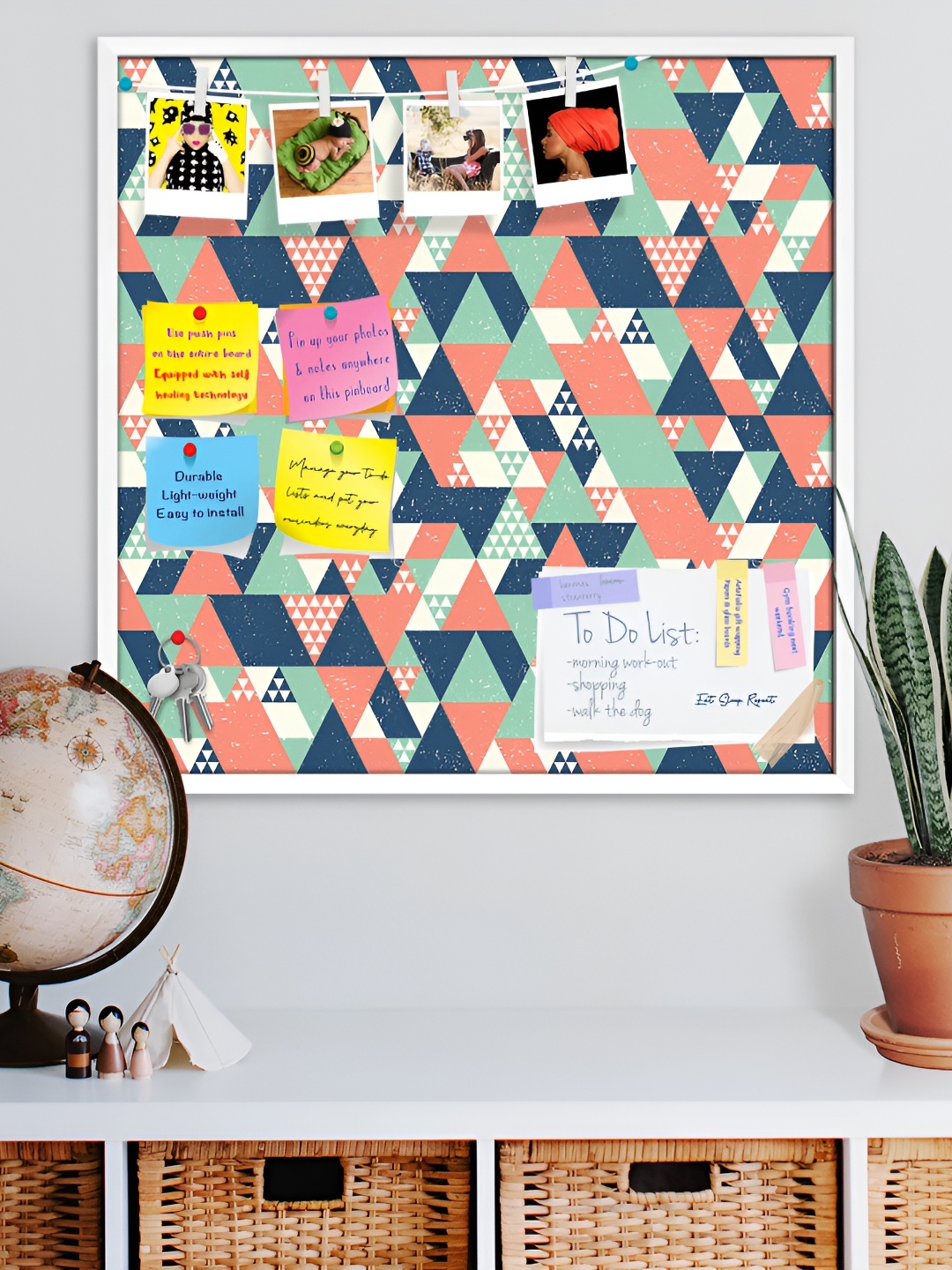 

ArtzFolio White Colorful Triangles D1 Printed Wooden Bulletin Board With Sticky Notes