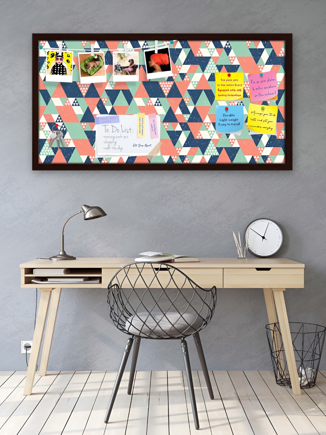 

ArtzFolio Brown Colorful Triangles Printed Wooden Bulletin Board With Sticky Notes