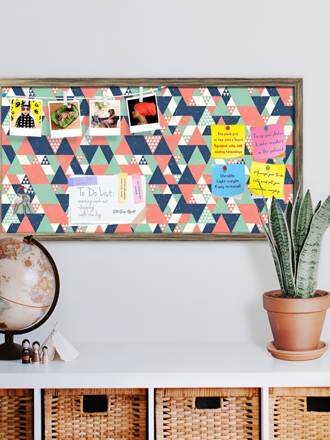 

ArtzFolio Green Colourful Triangles Printed Wooden Bulletin Board With Sticky Notes