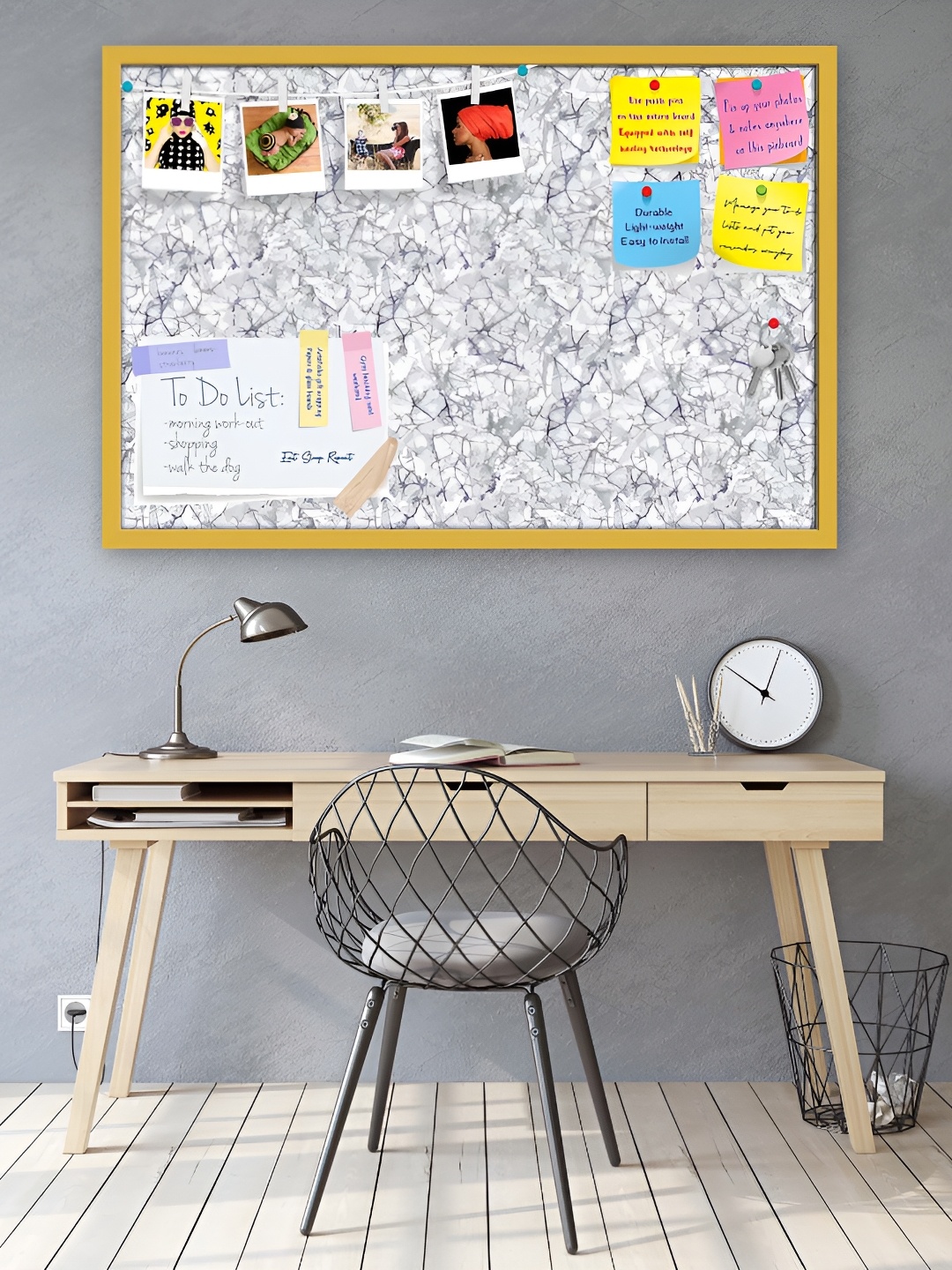 ArtzFolio Grey Bright Monochrome Printed Wooden Bulletin Board With Sticky Notes