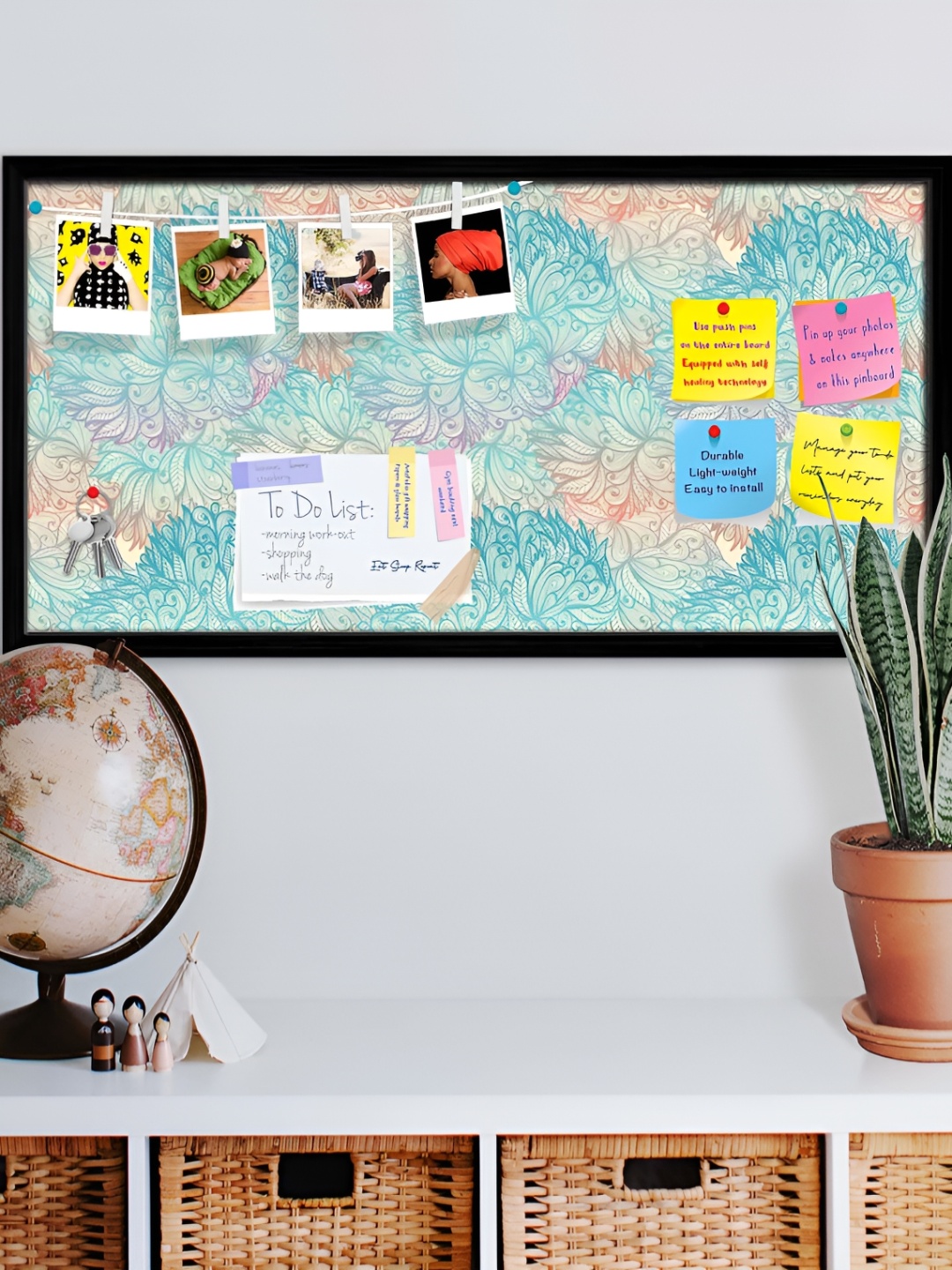 ArtzFolio Blue & Orange Coloured Floral Printed Wooden Bulletin Board With Sticky Notes