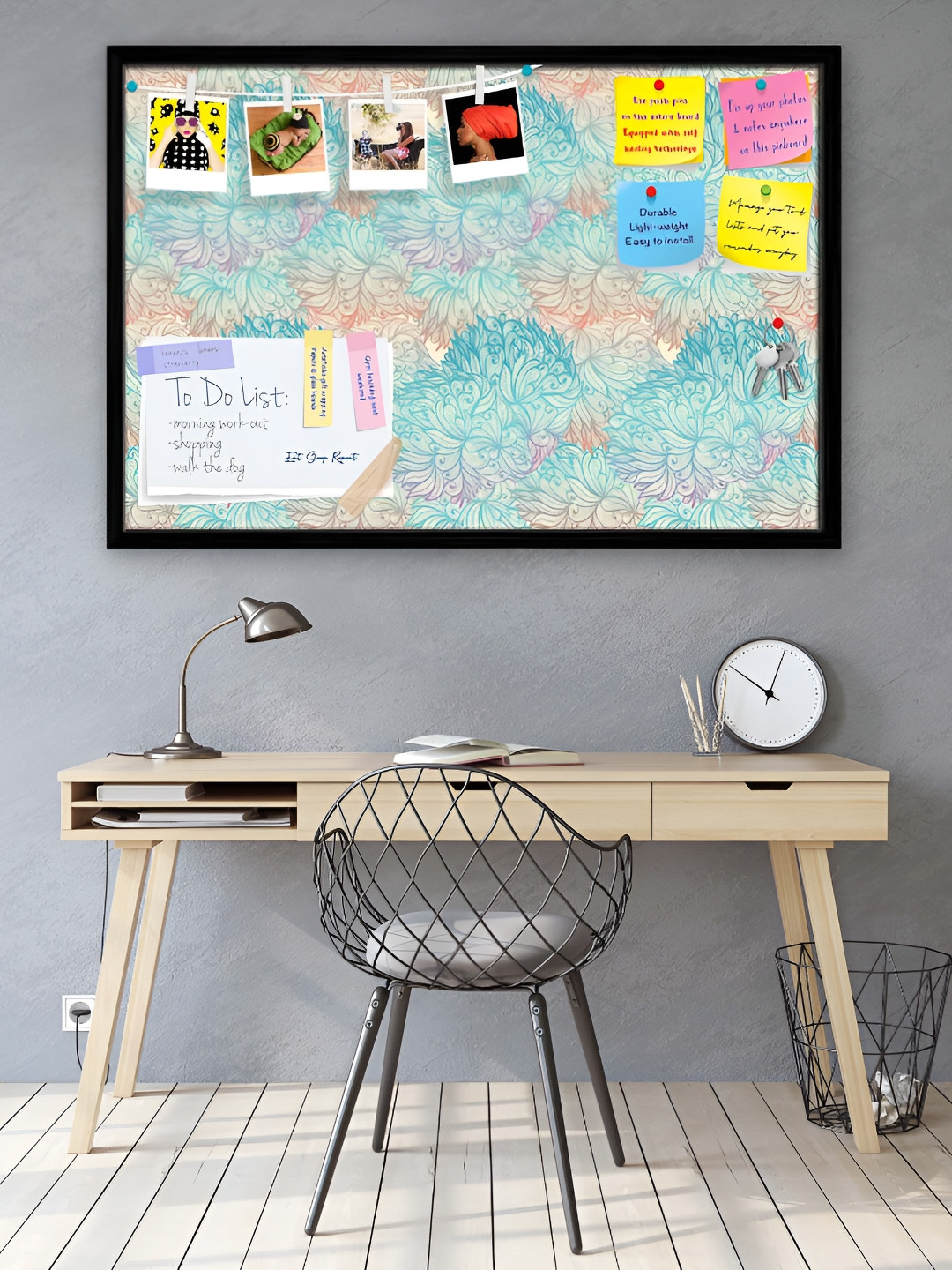 

ArtzFolio Blue & Orange Coloured Floral Printed Wooden Bulletin Board With Sticky Notes
