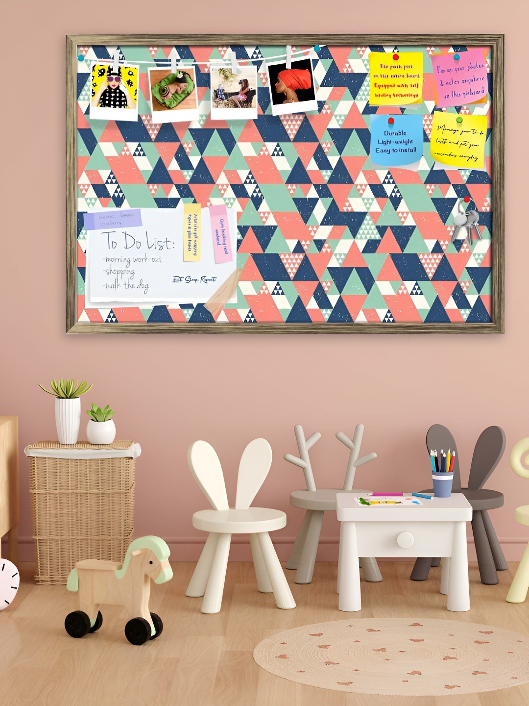 

ArtzFolio Blue Triangles Printed Wooden Bulletin Board With Sticky Notes
