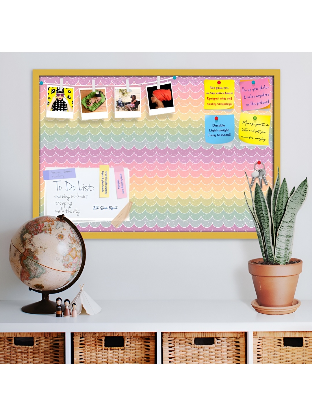 

ArtzFolio Yellow Wavey Printed Wooden Bulletin Board With Sticky Notes, Gold
