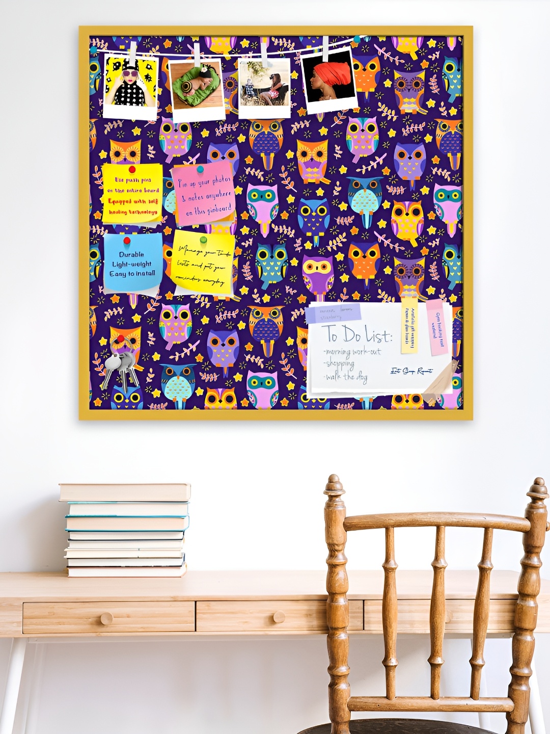 

ArtzFolio Gold-Toned & Purple Owls Printed Wooden Bulletin Board With Sticky Notes