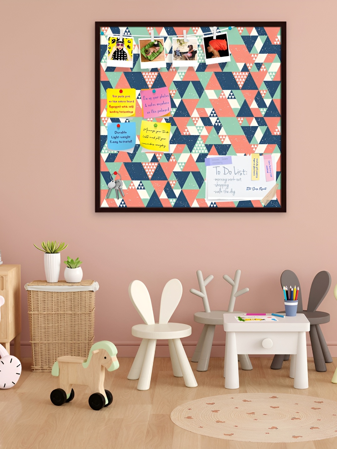 

ArtzFolio Brown Colorful Triangles Printed Wooden Bulletin Board With Sticky Notes