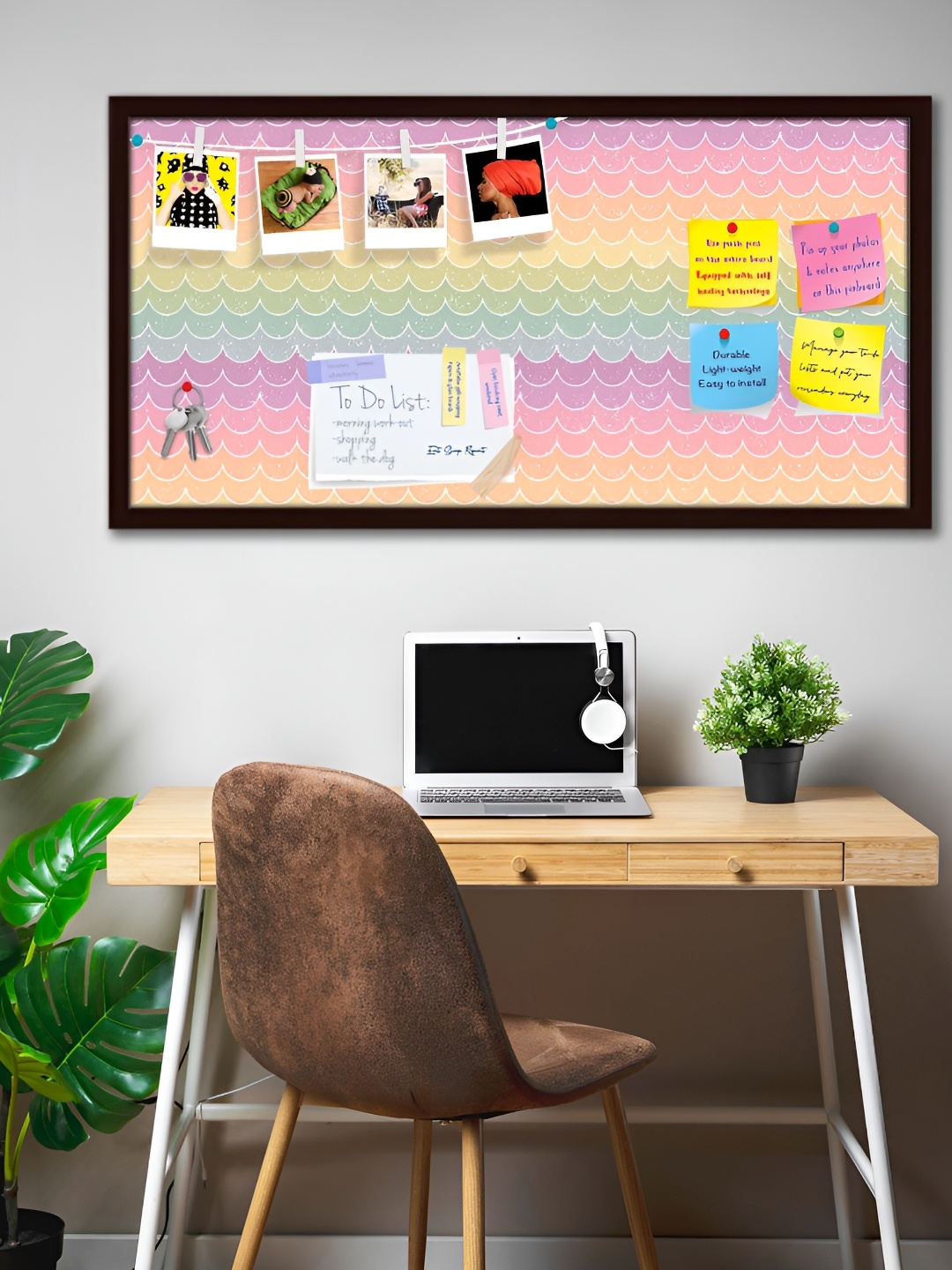 

ArtzFolio Pink & Green Wavey Printed Wooden Bulletin Board With Sticky Notes