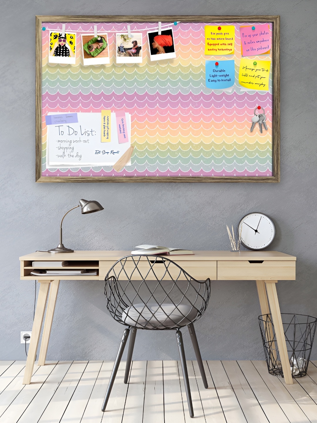 

ArtzFolio Gold Toned & Pink Chevron Printed Wooden Bulletin Board With Sticky Notes, Copper