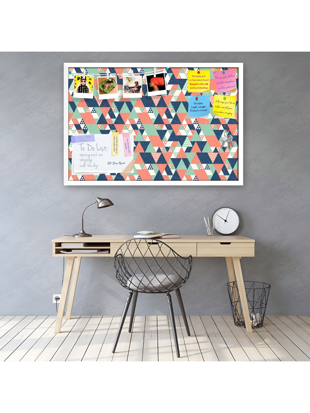 

ArtzFolio Colorful Triangles Printed Hanging Bulletin Board With Sticky Notes, White