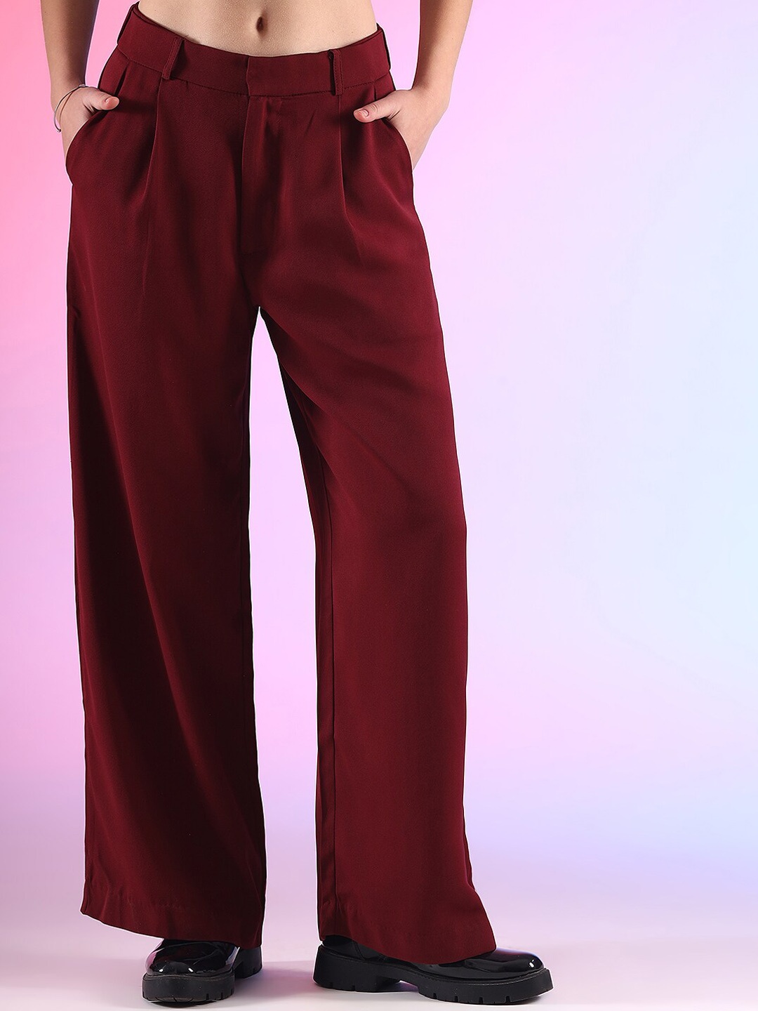 

FITHUB Women Wide Leg High-Rise Pleated Cotton Parallel Trousers, Maroon