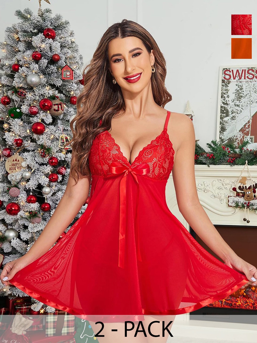 

AROUSY Pack Of 2 Self Design Net Baby Doll, Red