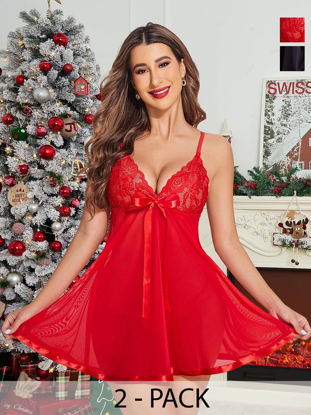 

AROUSY Pack Of 2 Self Design Net Baby Doll, Red