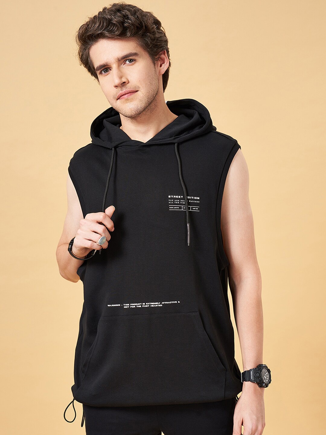 

Street 808 by Pantaloons Hooded Sleeveless Pure Cotton Pullover Sweatshirt, Black