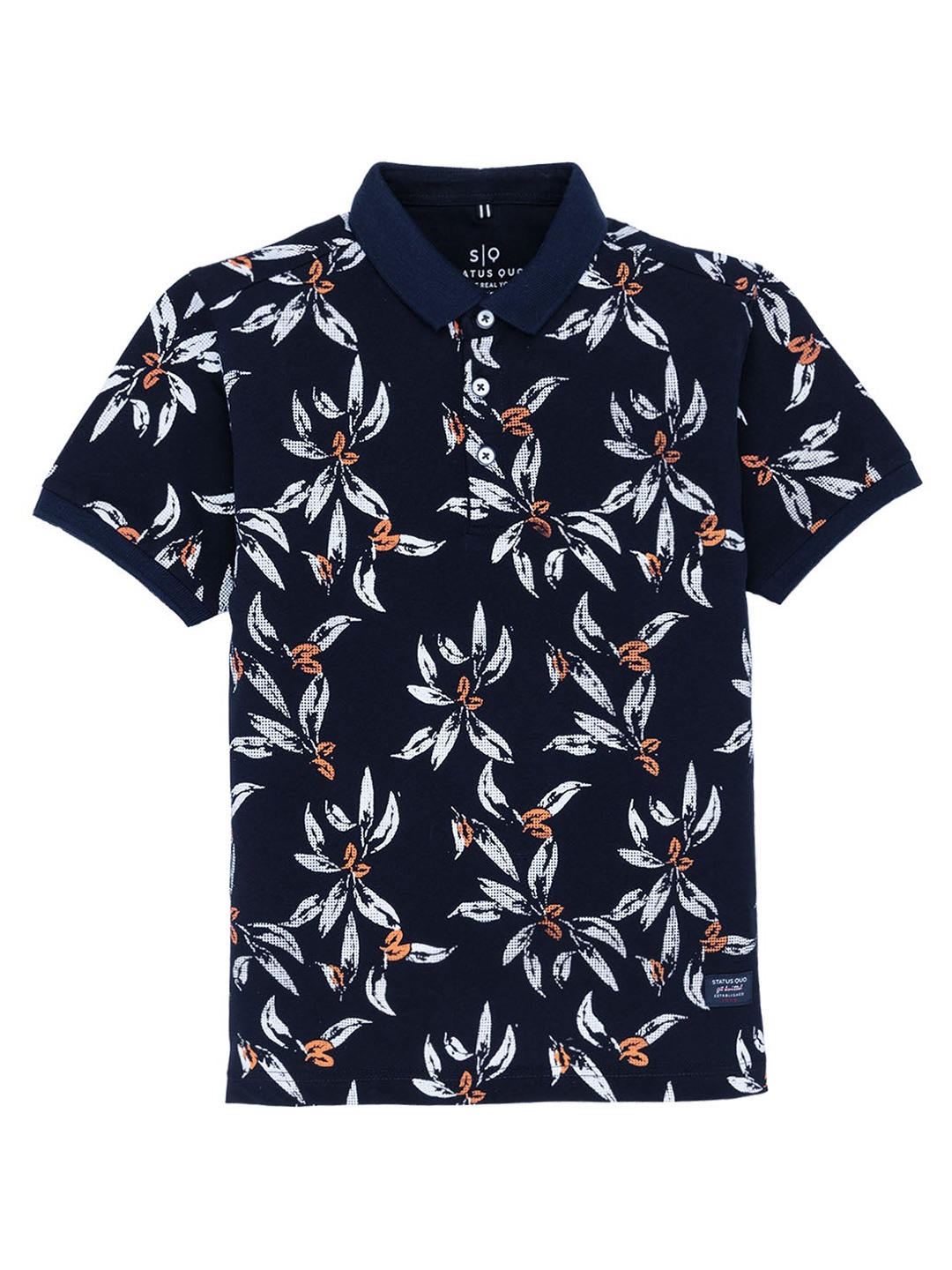 

Status Quo Boys Floral Printed Polo Collar Cotton T-shirt, Navy blue