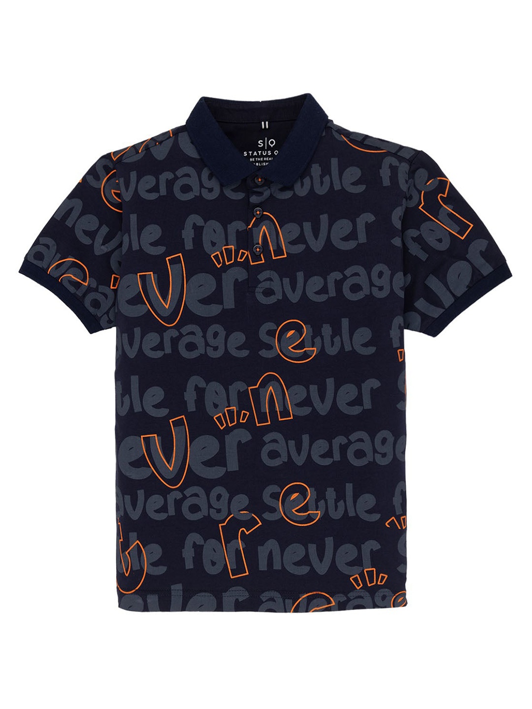 

Status Quo Boys Typography Printed Polo Collar Cotton T-shirt, Navy blue