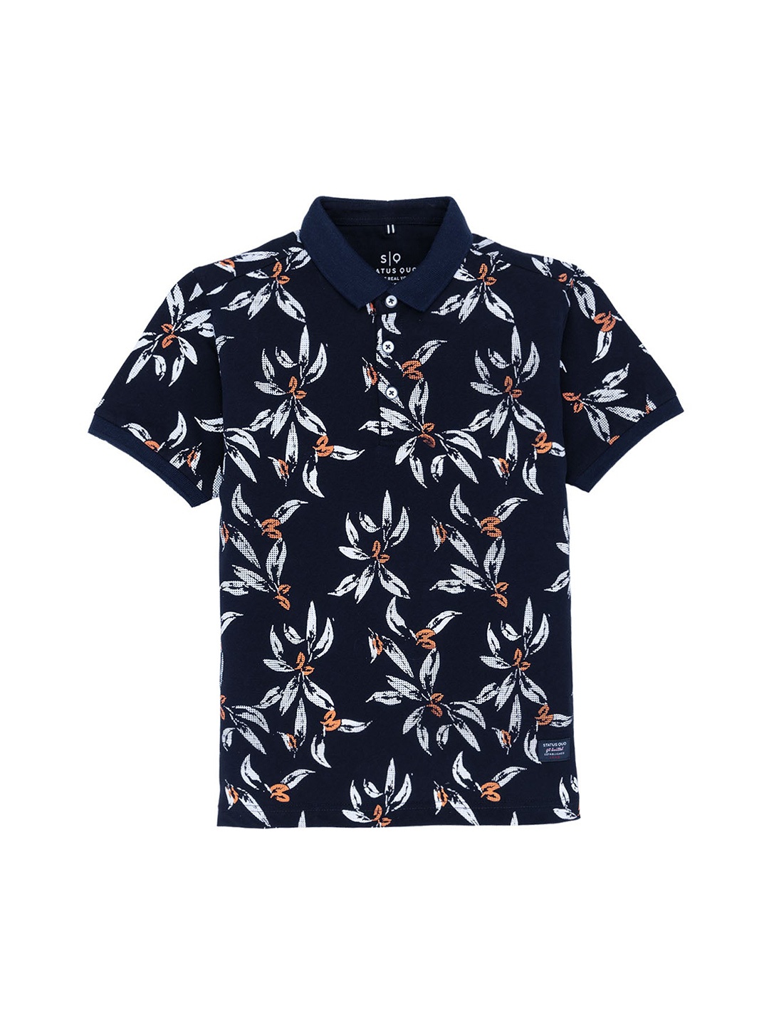 

Status Quo Boys Floral Printed Polo Collar Cotton T-shirt, Navy blue