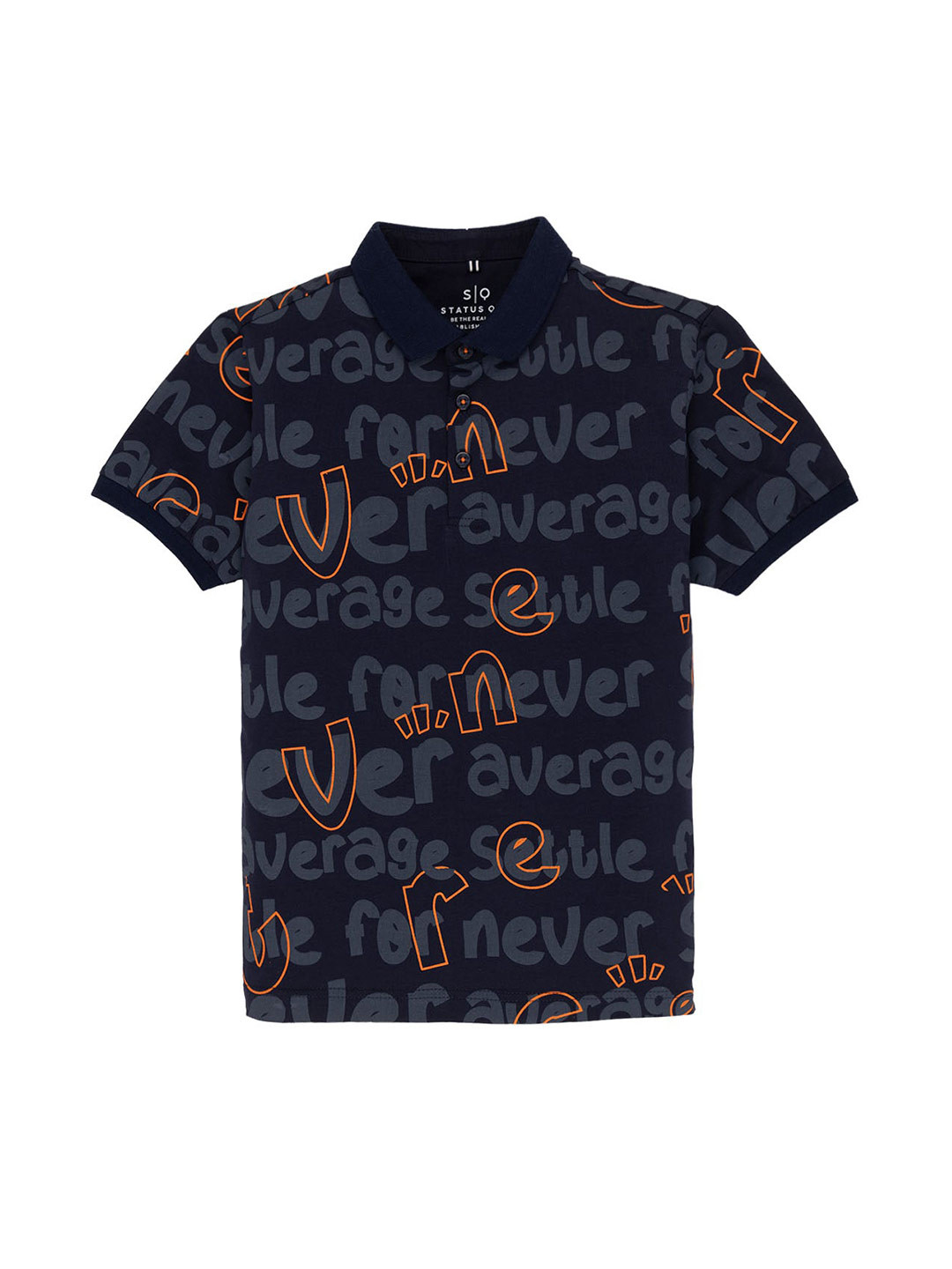 

Status Quo Boys Typography Printed Polo Collar Pure CottonT-shirt, Navy blue