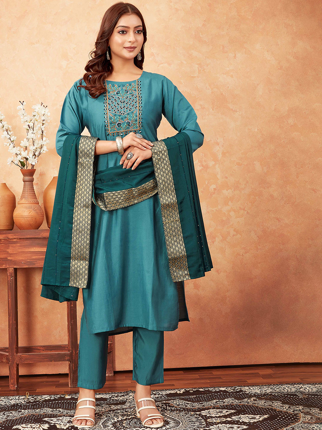 

Punrwa Ethnic Motifs Embroidered Thread Work Raw Silk Kurta & Trousers With Dupatta, Blue