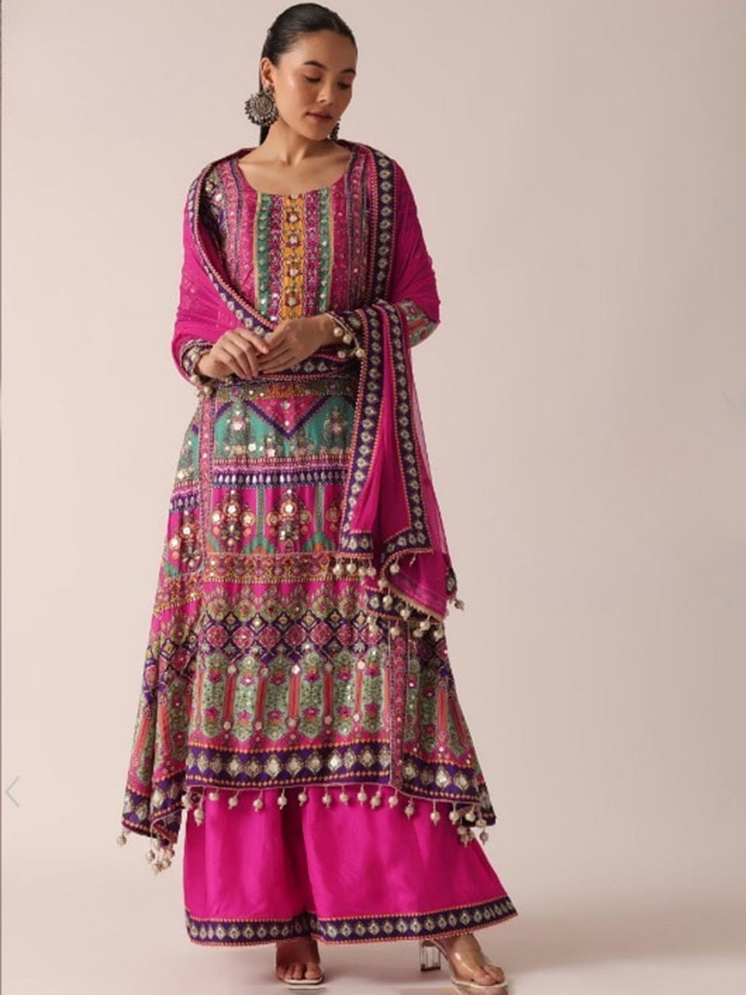 

Punrwa Ethnic Motifs Printed Regular Mirror Work Kurta with Palazzos & Dupatta, Pink