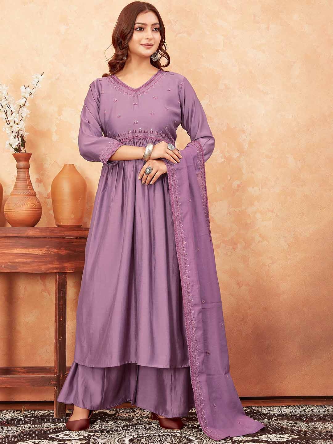

Punrwa Floral Embroidered Empire Thread Work Kurta with Palazzos & Dupatta, Purple