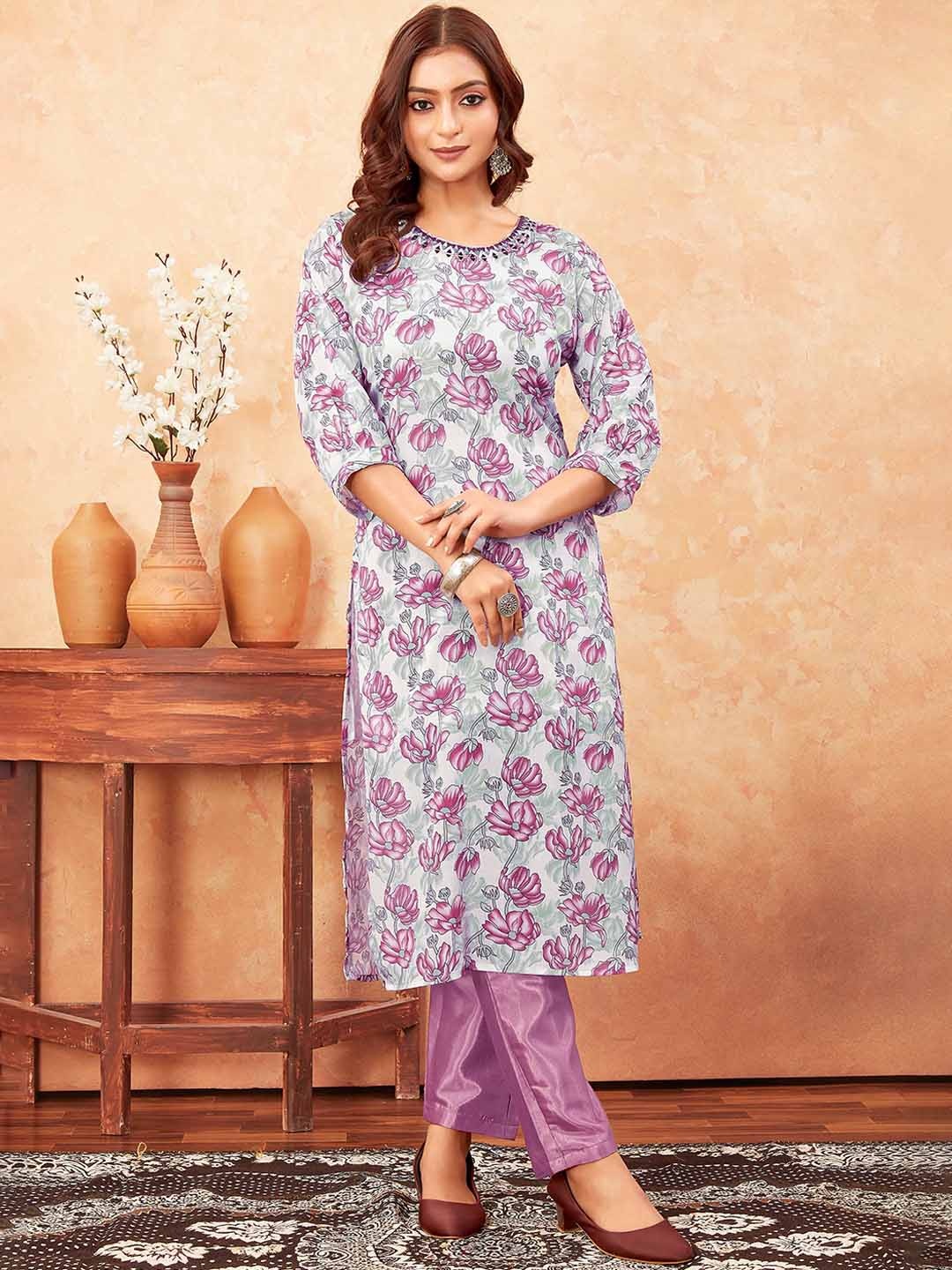 

Punrwa Floral Printed Thread Work Kurta with Trousers, Grey