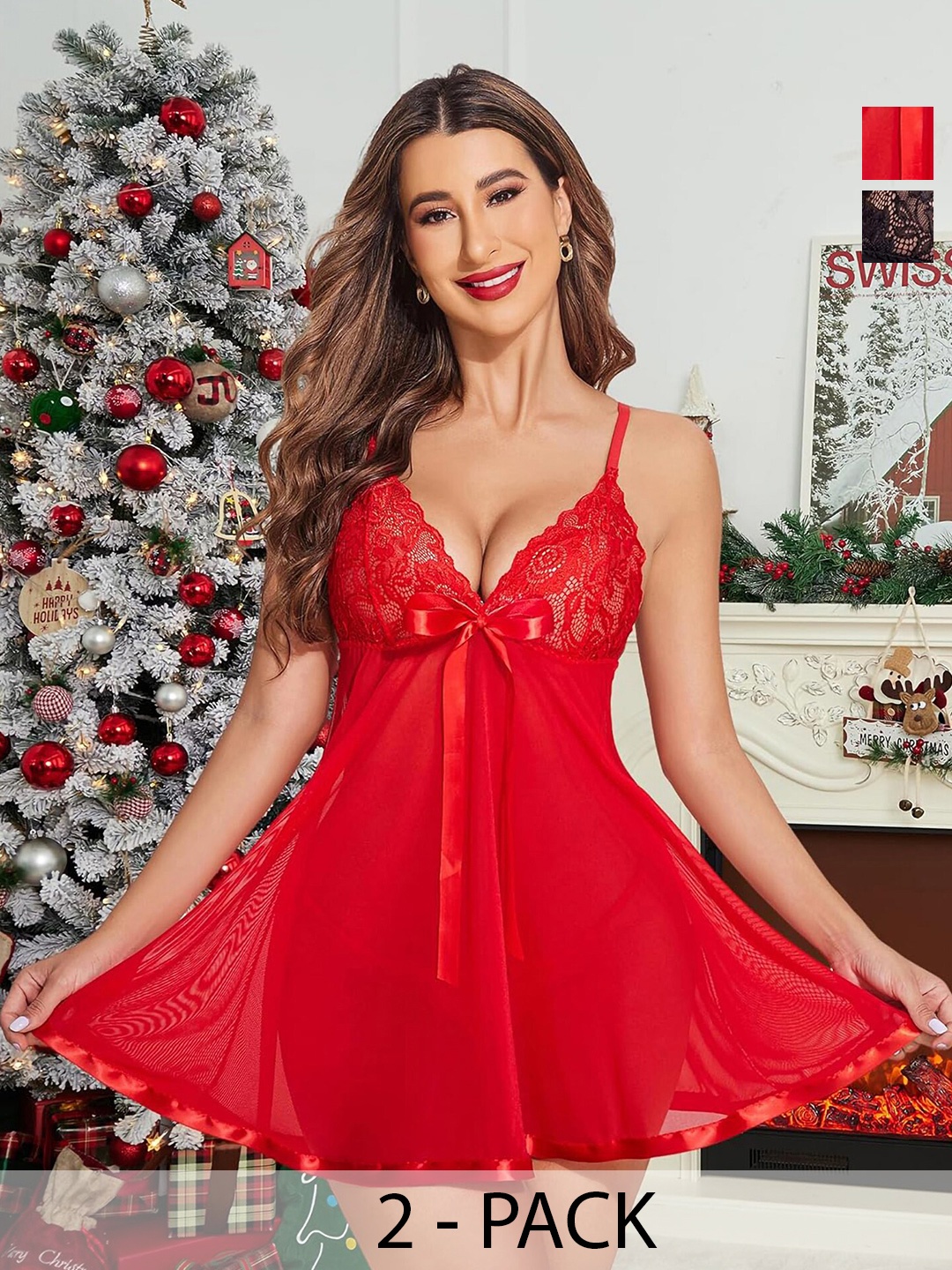 

PIBU Pack Of 2 Self Design Net Baby Doll, Red