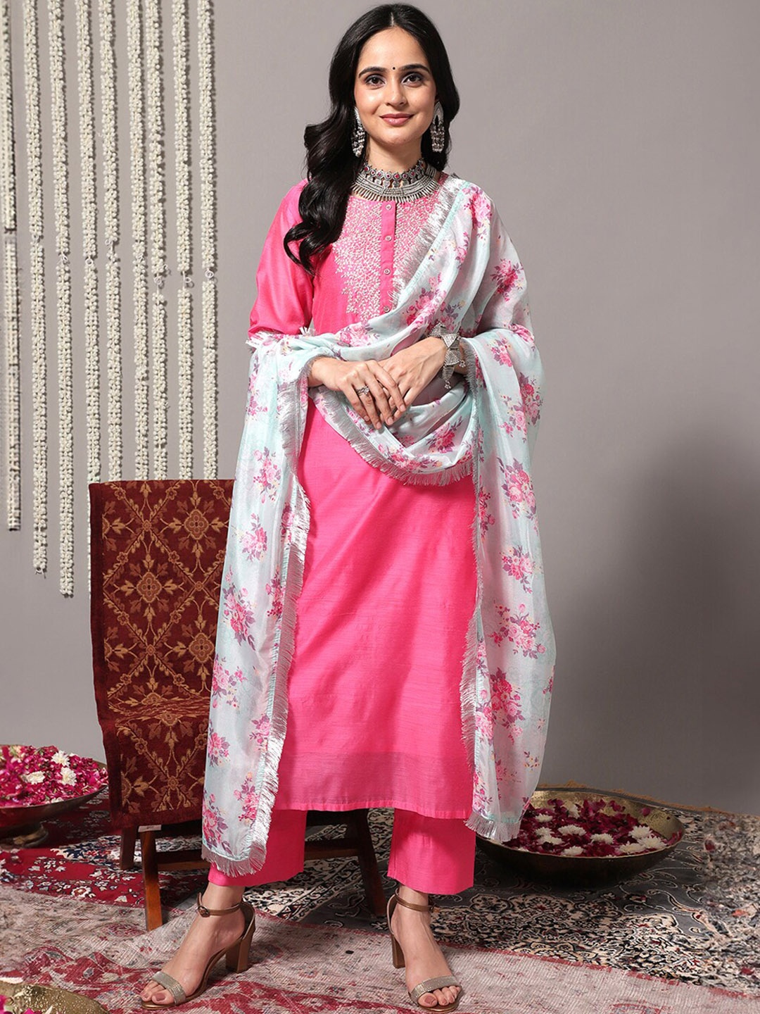 

KALINI Floral Yoke Design Beads & Stones Chanderi Silk Kurta With Trousers & Dupatta, Pink