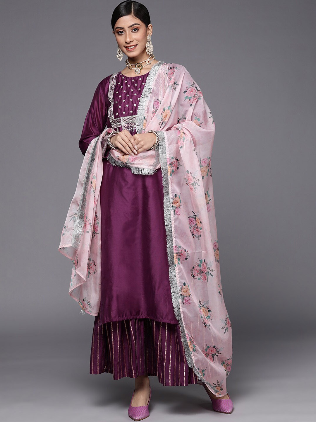 

KALINI Ethnic Motifs Yoke Design Zari Chanderi Silk Kurta with Sharara & Dupatta, Purple