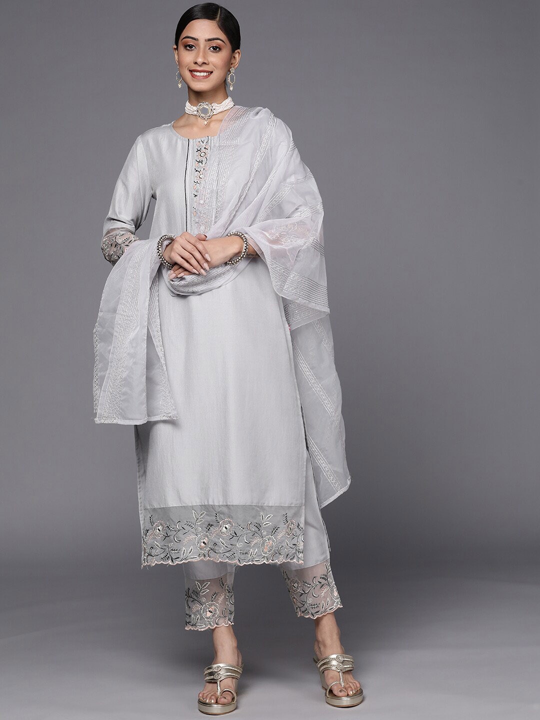 

KALINI Floral Embroidered Round Neck Kurta with Trousers & Dupatta, Grey