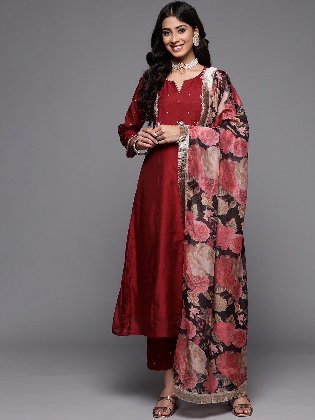 

KALINI Ethnic Motifs Yoke Design Thread Work A-Line Kurta With Trousers & Dupatta, Maroon
