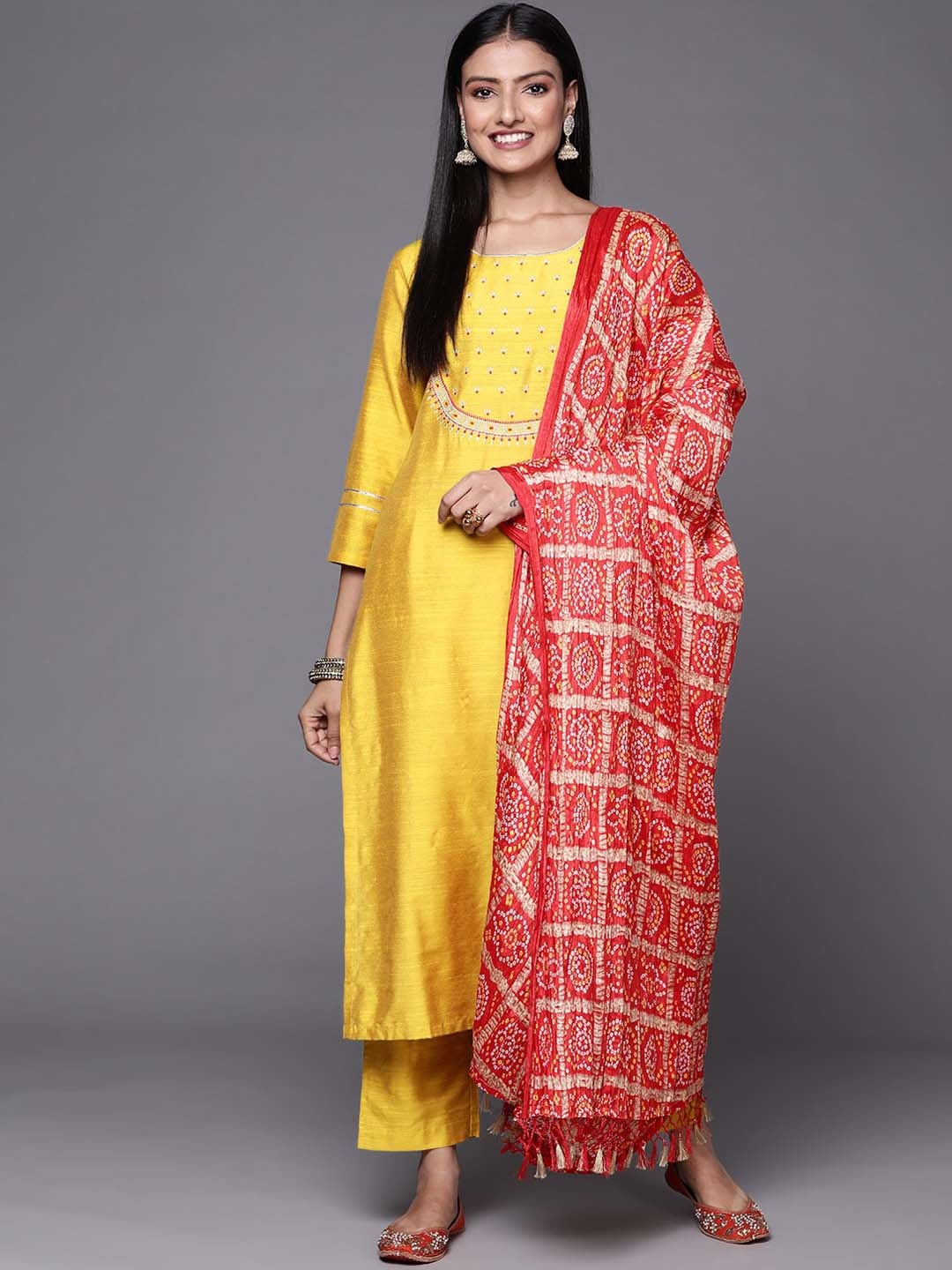 

KALINI Ethnic Motifs Yoke Design Thread Work Detail Straight Kurta & Trouser With Dupatta, Mustard